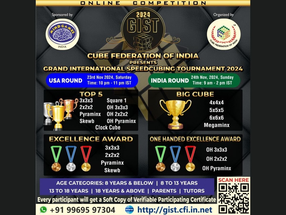 Join the Excitement: Grand International SpeedCubing Tournament 2024 bought to you by Cube Federation of India and Mindgamez to Brings Together Top Speed Cubers from India and Across the Globe